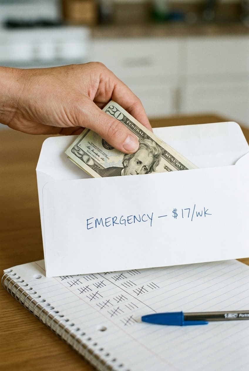 A hand tucking a $20 bill into a labeled emergency envelope.