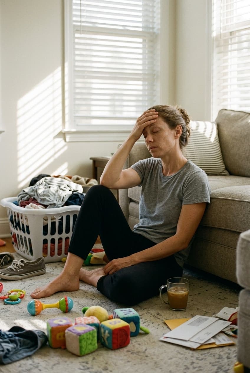 A mother yelling, holding a screaming baby in a cluttered apartment.
