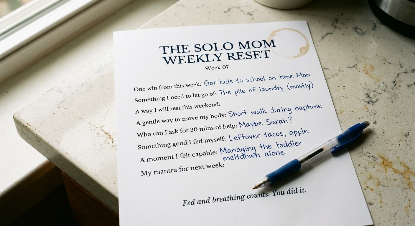 A printed Solo Mom Weekly Reset page on a kitchen counter with handwritten notes.